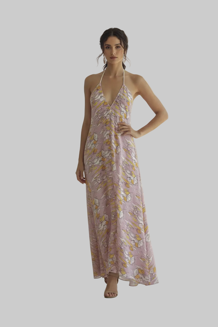 Halterneck backless dress - Lilac Graphic Print Ruffle Wrap dress