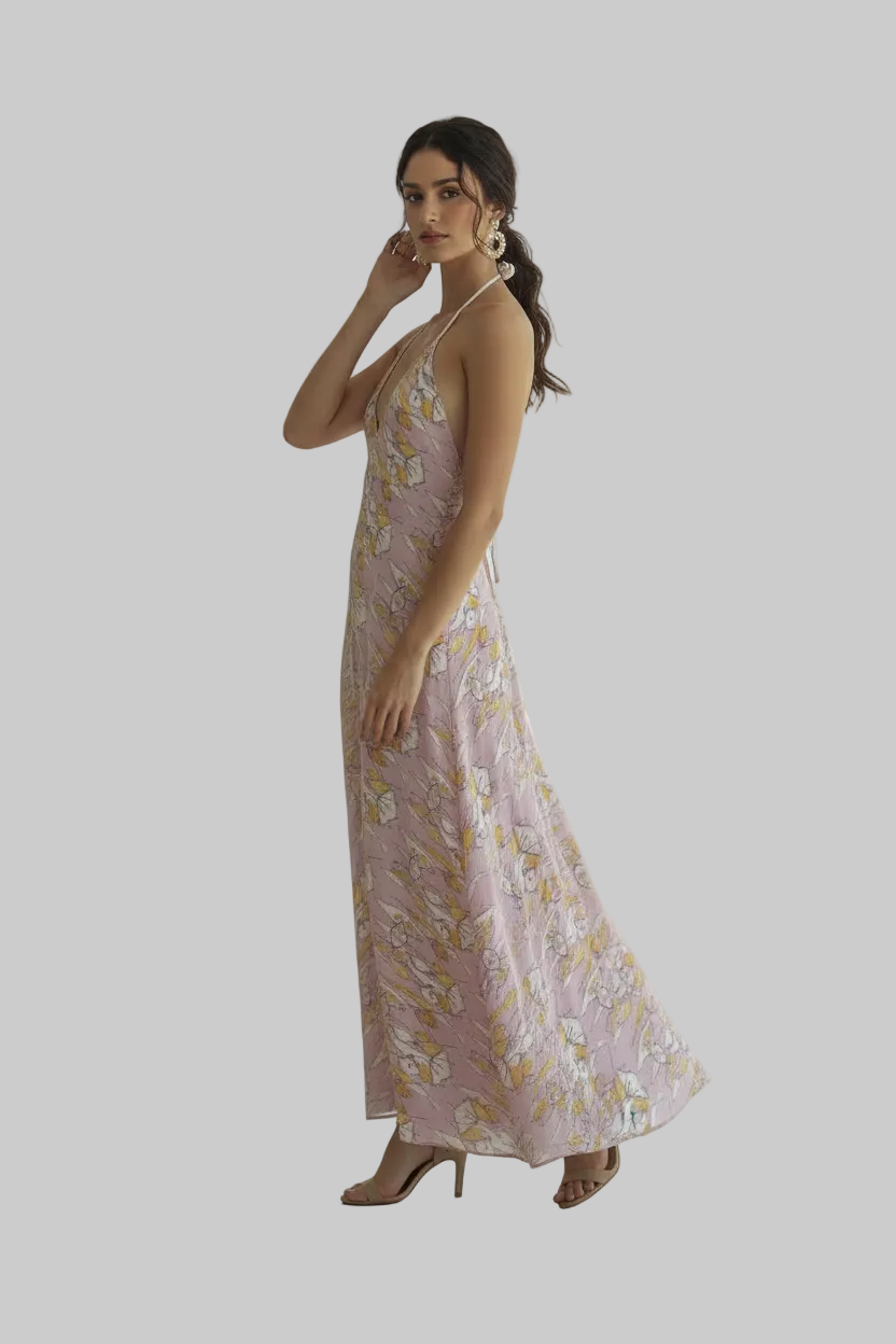 Halterneck backless dress - Lilac Graphic Print Ruffle Wrap dress