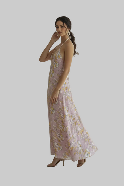 Halterneck backless dress - Lilac Graphic Print Ruffle Wrap dress