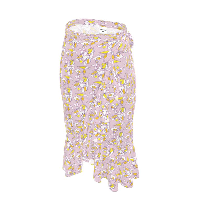 Flounce Skirt- Lilac Graphic Print Ruffle Wrap Midi Skirt