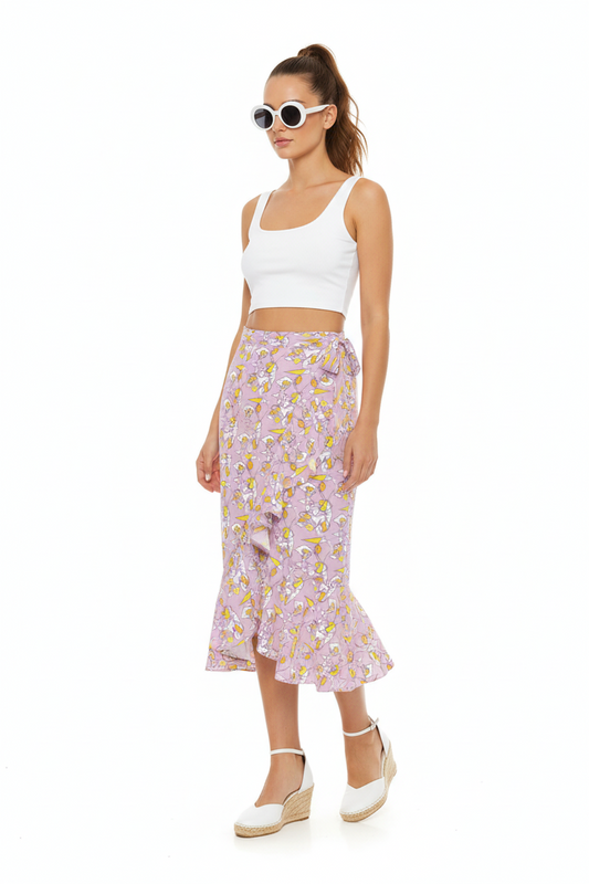 Flounce Skirt- Lilac Graphic Print Ruffle Wrap Midi Skirt
