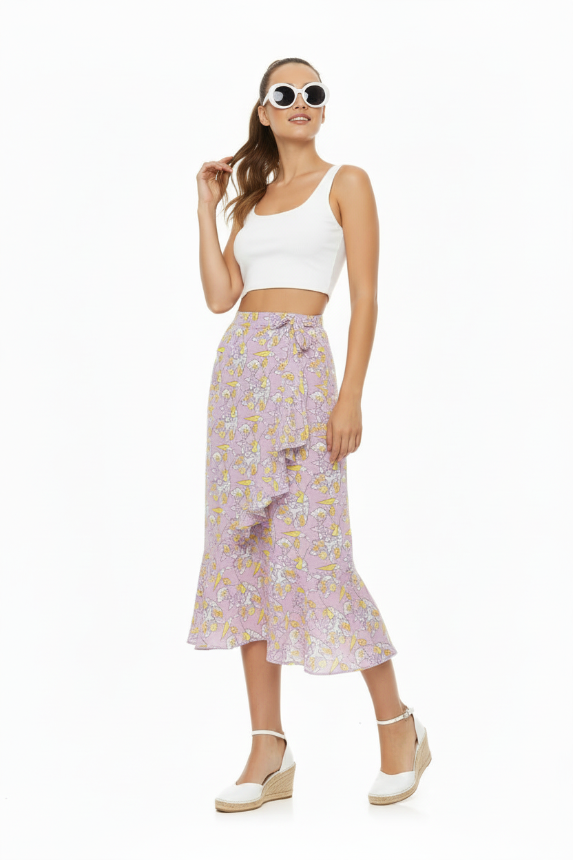 Flounce Skirt- Lilac Graphic Print Ruffle Wrap Midi Skirt