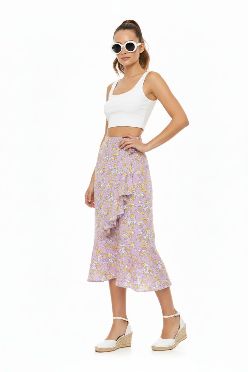 Flounce Skirt- Lilac Graphic Print Ruffle Wrap Midi Skirt