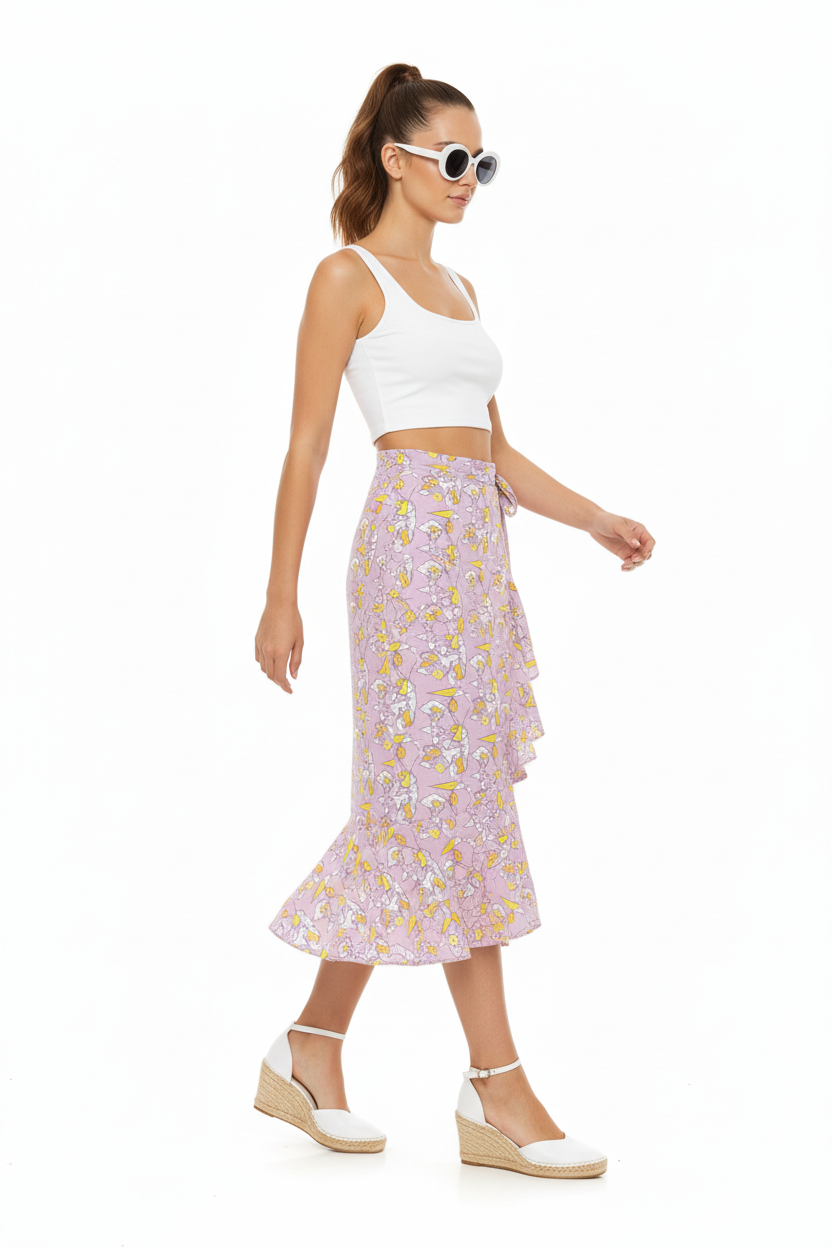 Flounce Skirt- Lilac Graphic Print Ruffle Wrap Midi Skirt