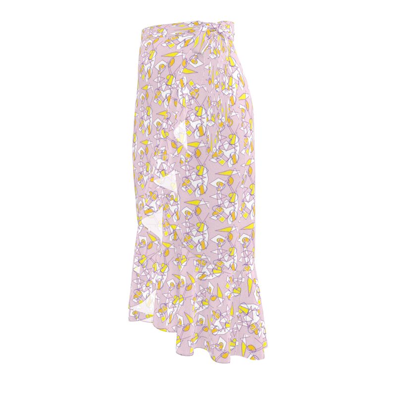 Flounce Skirt- Lilac Graphic Print Ruffle Wrap Midi Skirt