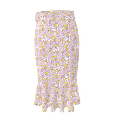 Flounce Skirt- Lilac Graphic Print Ruffle Wrap Midi Skirt