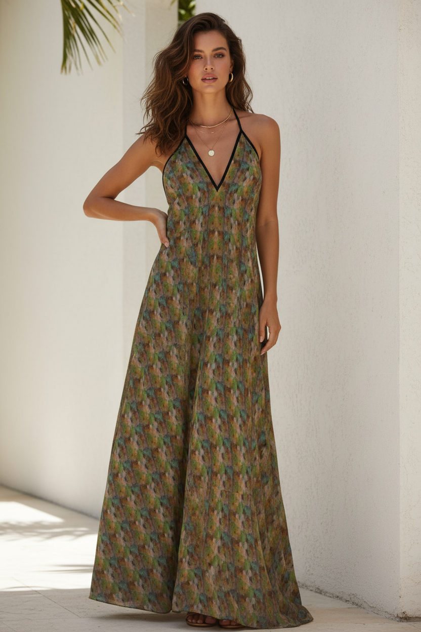 Midnight Meadow Halterneck Maxi Dress - Resort Wear Beach Vacation Dress