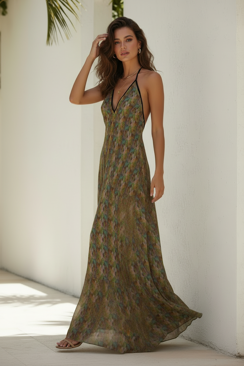 Midnight Meadow Halterneck Maxi Dress - Resort Wear Beach Vacation Dress