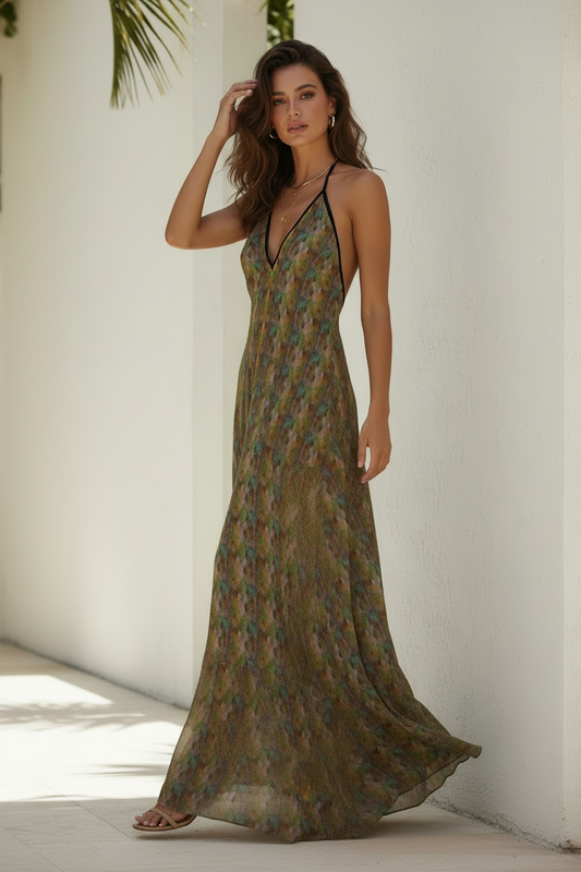 Midnight Meadow Halterneck Maxi Dress - Resort Wear Beach Vacation Dress