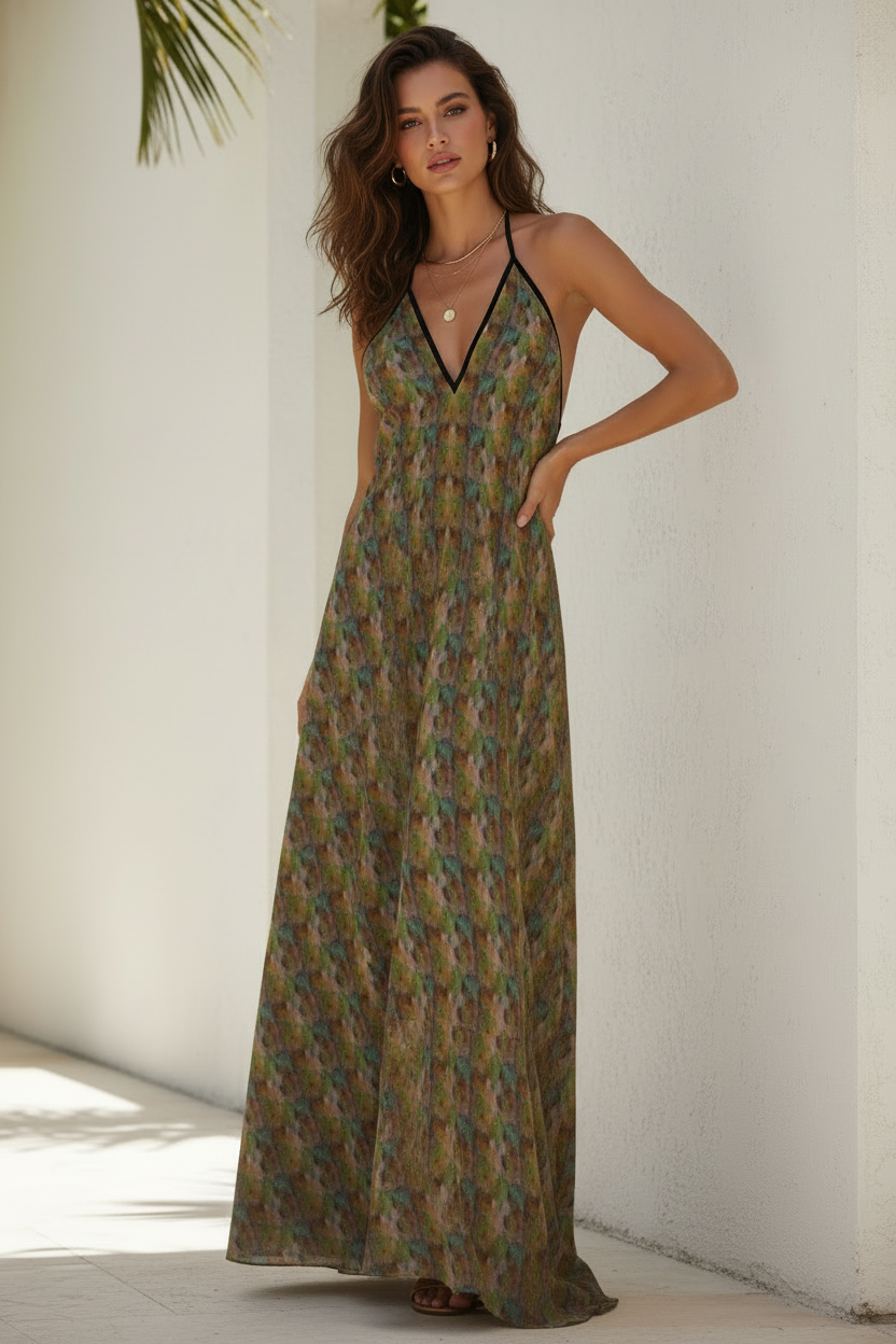 Midnight Meadow Halterneck Maxi Dress - Resort Wear Beach Vacation Dress
