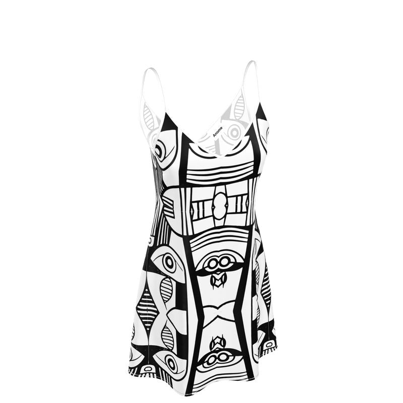 Abstract Noir Art Slip Dress – Modern Graphic Print, Minimalist Silhouette