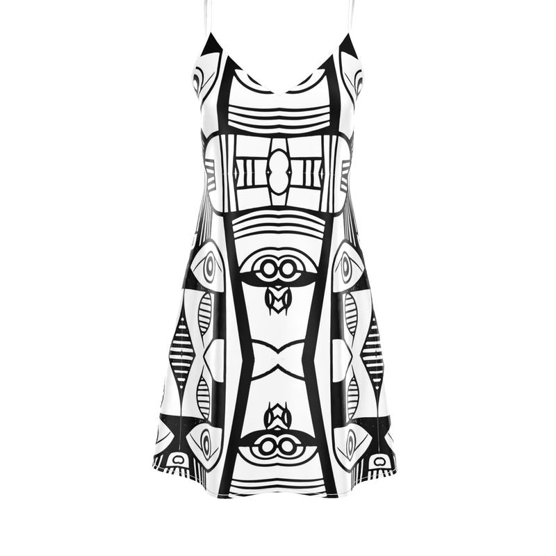 Abstract Noir Art Slip Dress – Modern Graphic Print, Minimalist Silhouette