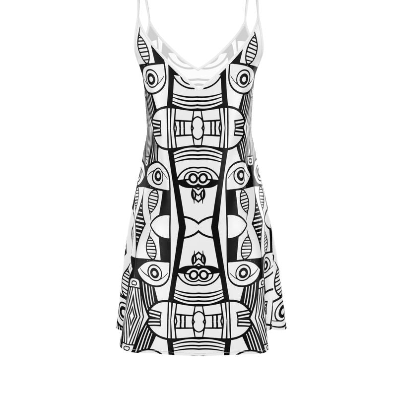 Abstract Noir Art Slip Dress – Modern Graphic Print, Minimalist Silhouette