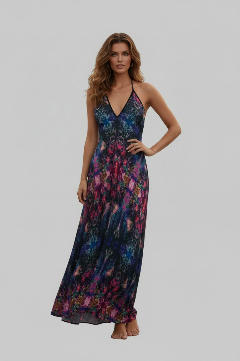 Midnight Kaleidoscope Halter Maxi Dress