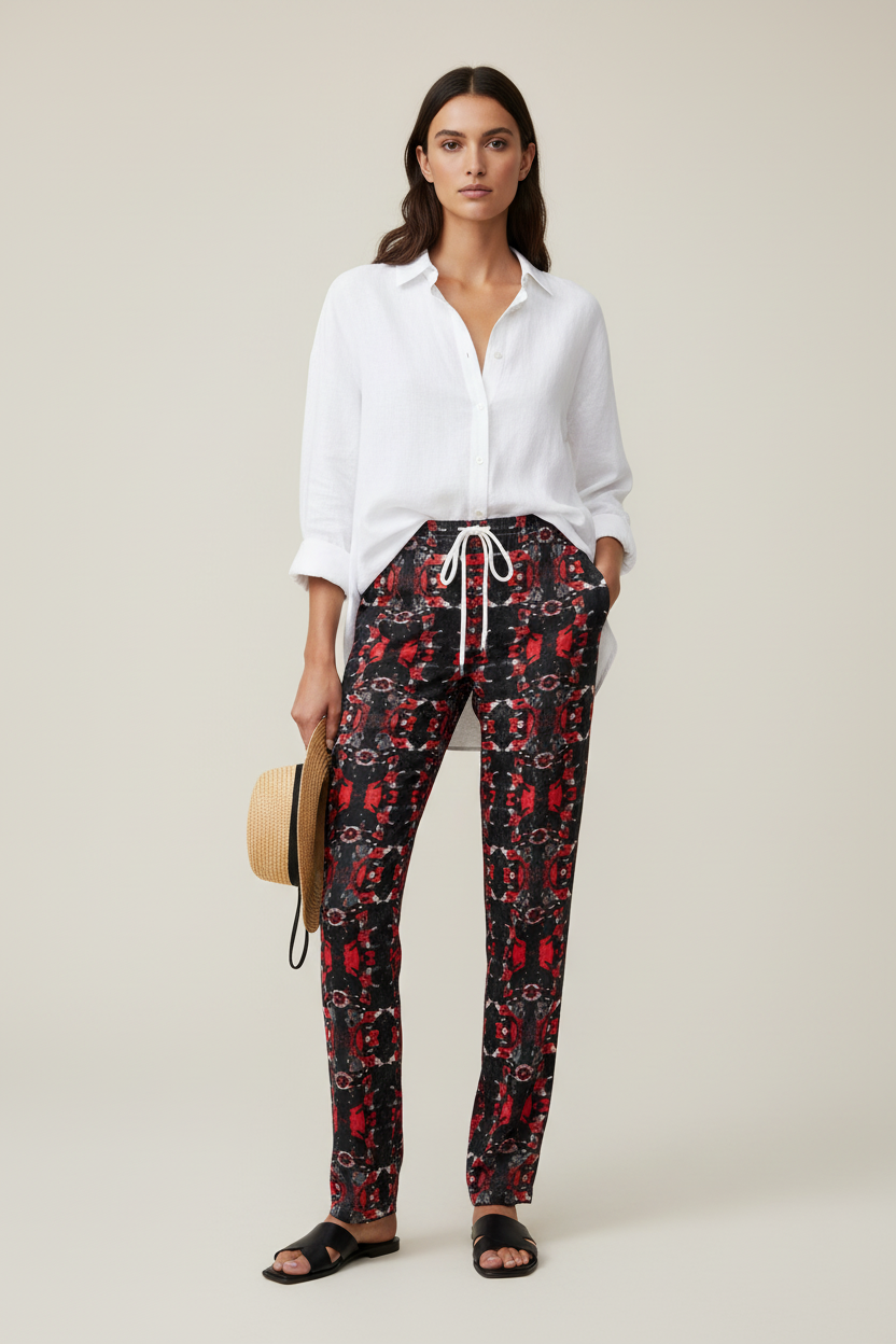 Womens Trousers - Vortex Noir: Crimson & Charcoal Kaleidoscope Lounge