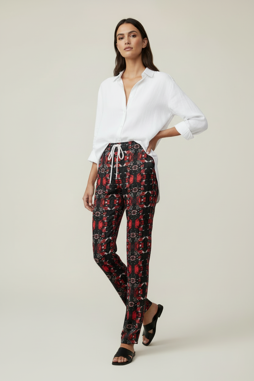 Womens Trousers - Vortex Noir: Crimson & Charcoal Kaleidoscope Lounge