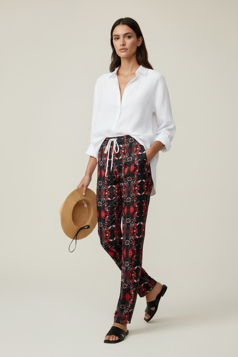 Womens Trousers - Vortex Noir: Crimson & Charcoal Kaleidoscope Lounge