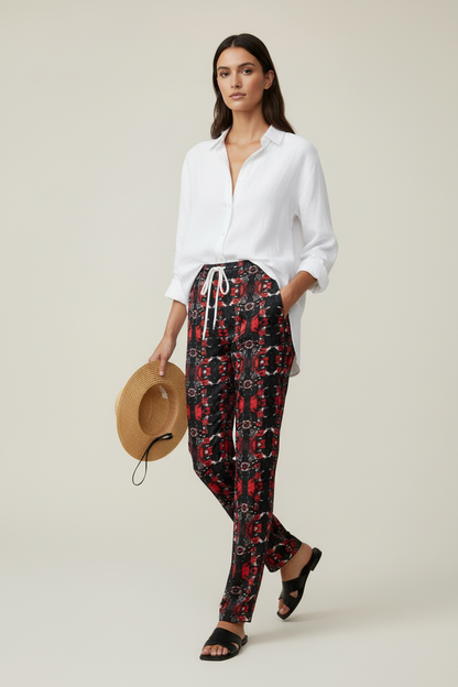 Womens Trousers - Vortex Noir: Crimson & Charcoal Kaleidoscope Lounge