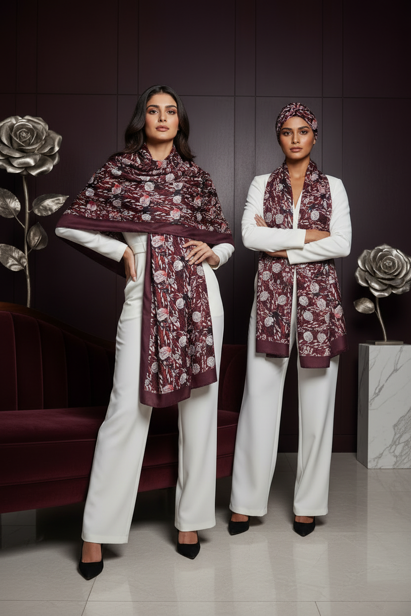Luxe Fleece Blanket Scarf – Maroon & White Pattern