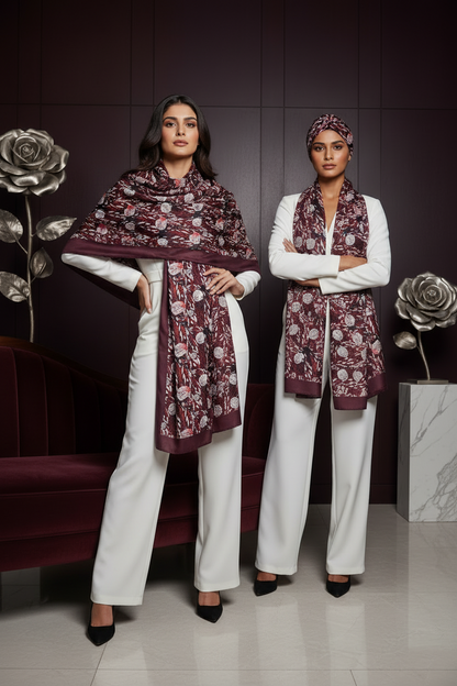 Luxe Fleece Blanket Scarf – Maroon & White Pattern