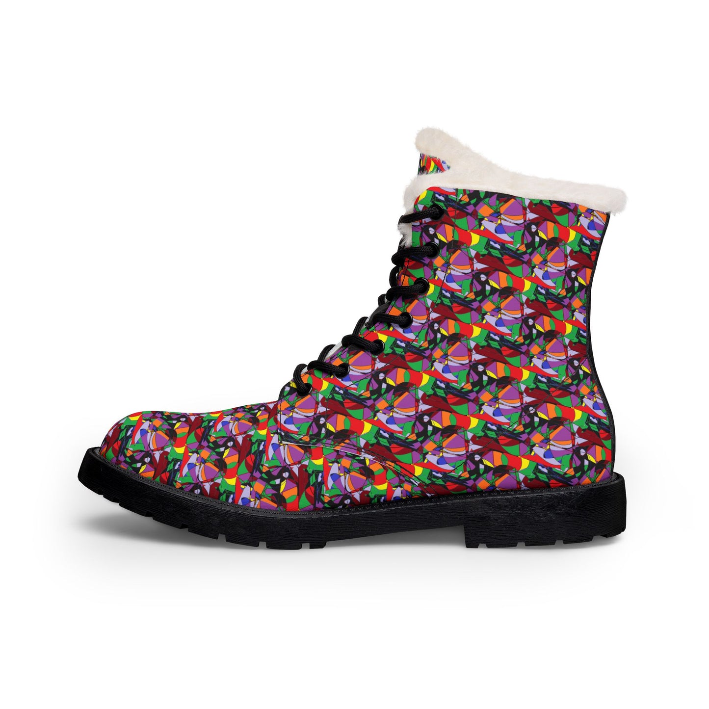 Colorful Geometric Fur-Lined Leather Boots — Women's Winter Ankle Boots