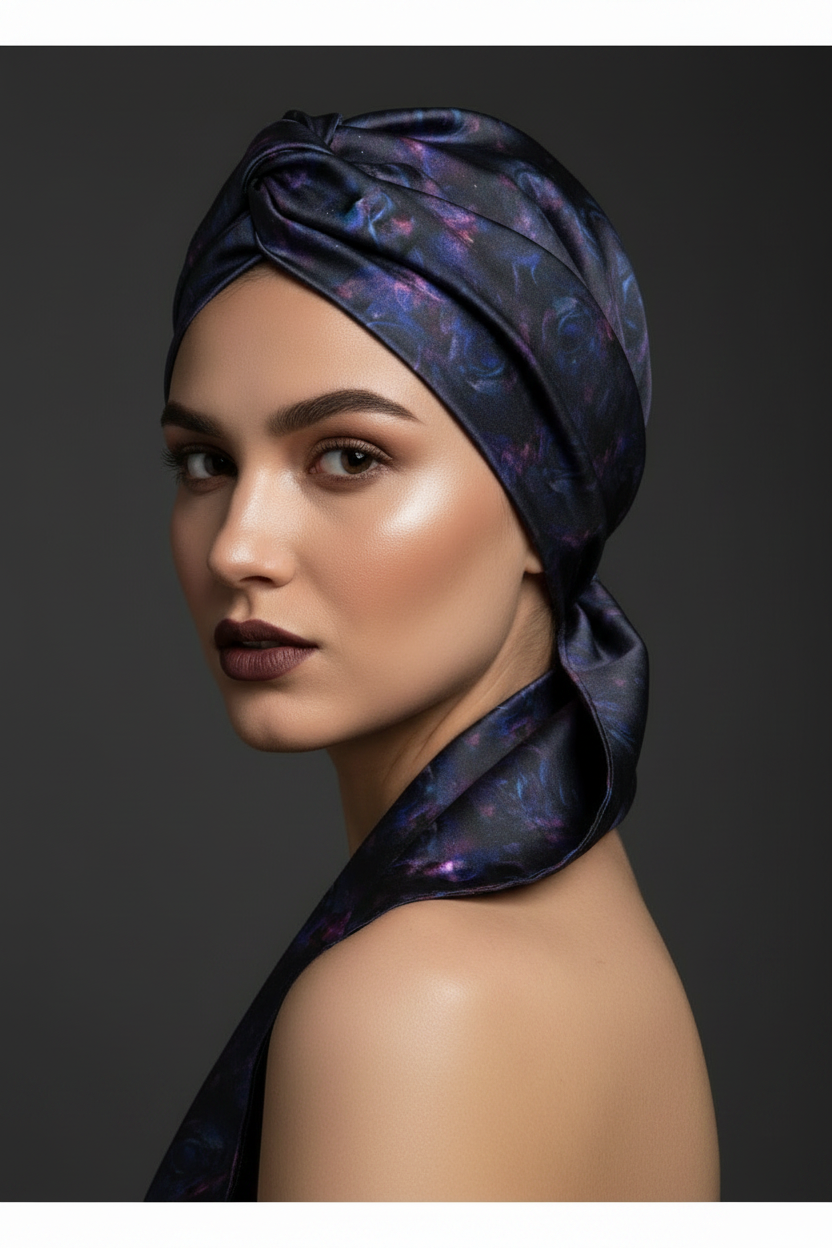 Rose Galaxy Bandana-Midnight Palm Silk Scarf