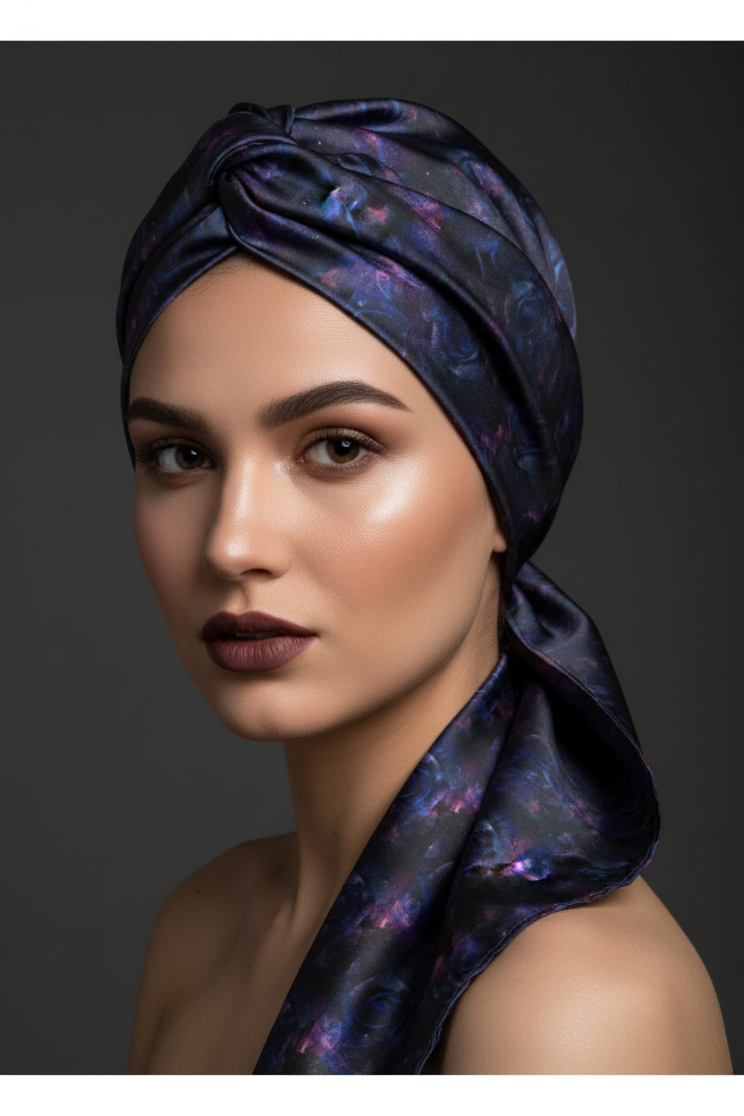 Rose Galaxy Bandana-Midnight Palm Silk Scarf