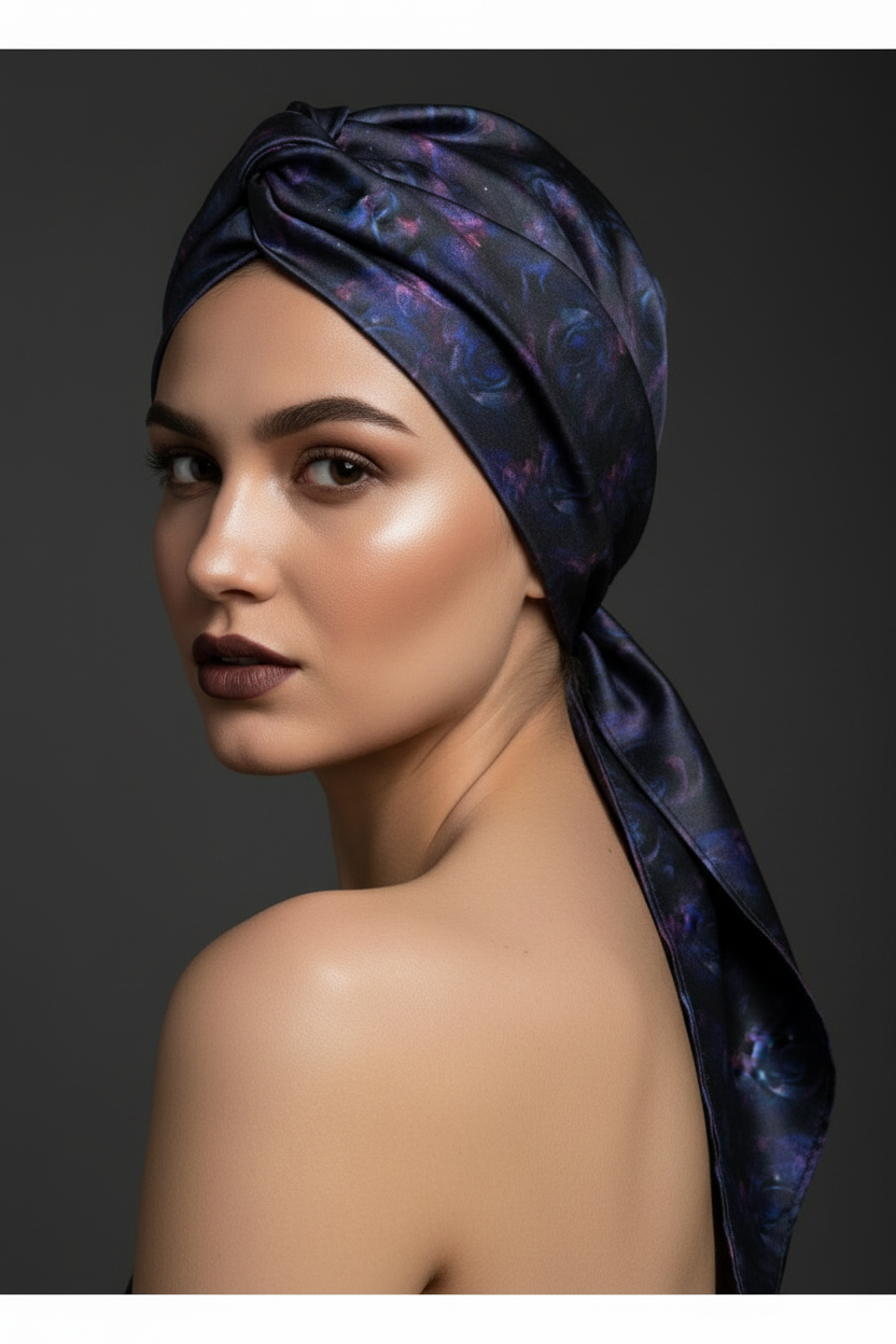 Rose Galaxy Bandana-Midnight Palm Silk Scarf