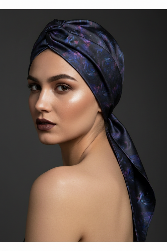 Rose Galaxy Bandana-Midnight Palm Silk Scarf