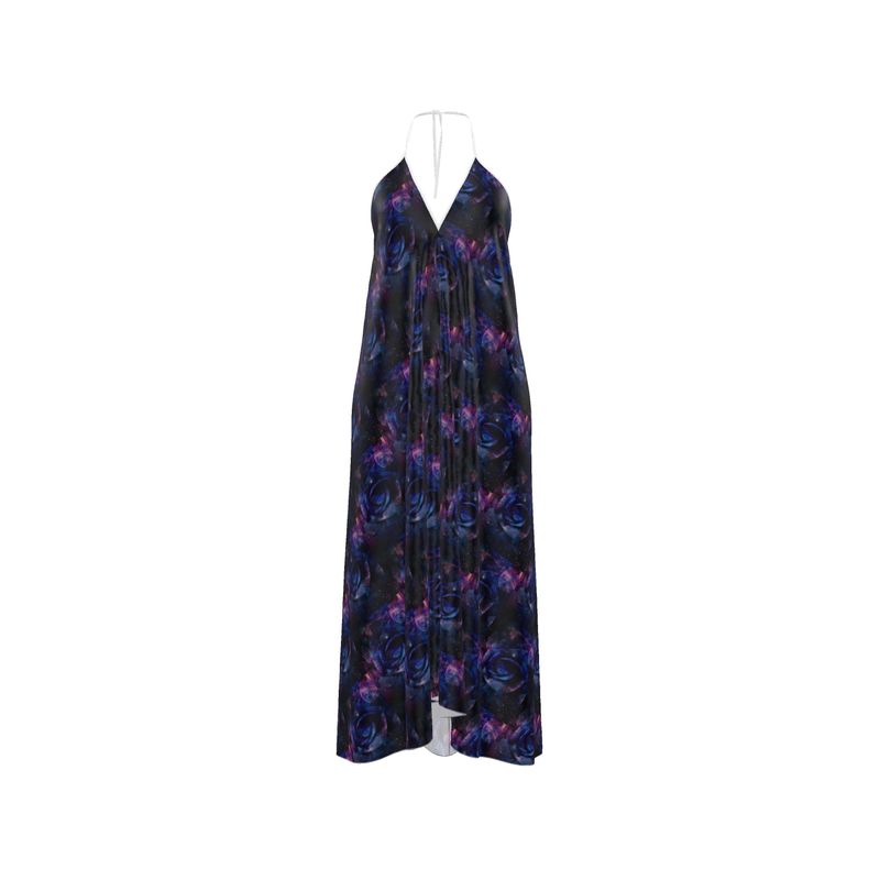 Midnight Bloom Asymmetrical Halter Gown-Halterneck backless dress
