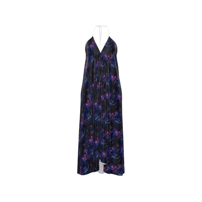Midnight Bloom Asymmetrical Halter Gown-Halterneck backless dress
