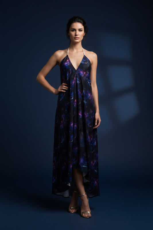 Midnight Bloom Asymmetrical Halter Gown-Halterneck backless dress
