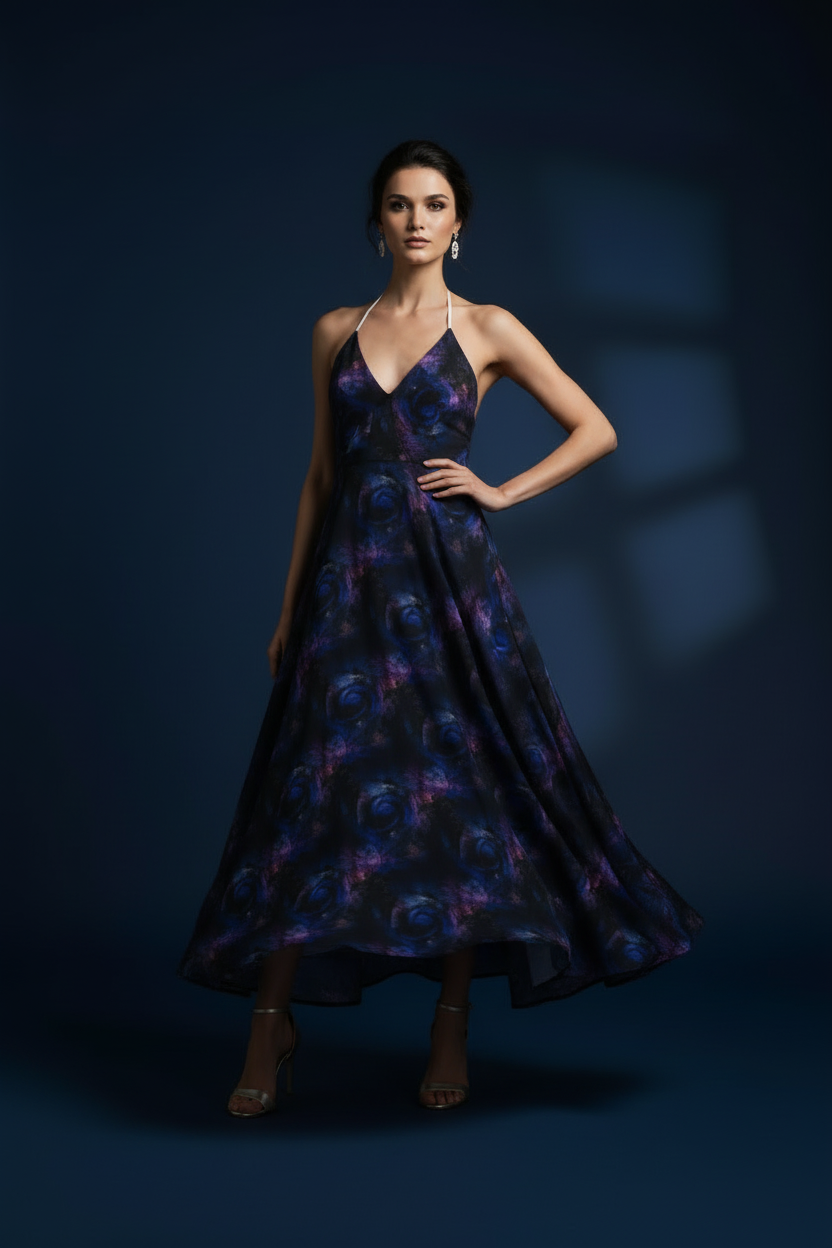 Midnight Bloom Asymmetrical Halter Gown-Halterneck backless dress