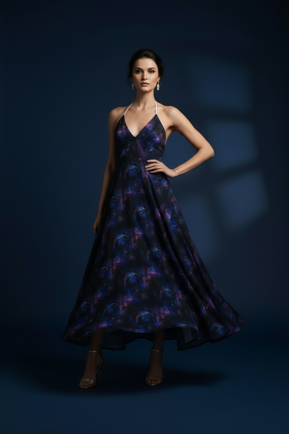 Midnight Bloom Asymmetrical Halter Gown-Halterneck backless dress