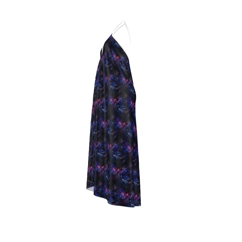 Midnight Bloom Asymmetrical Halter Gown-Halterneck backless dress