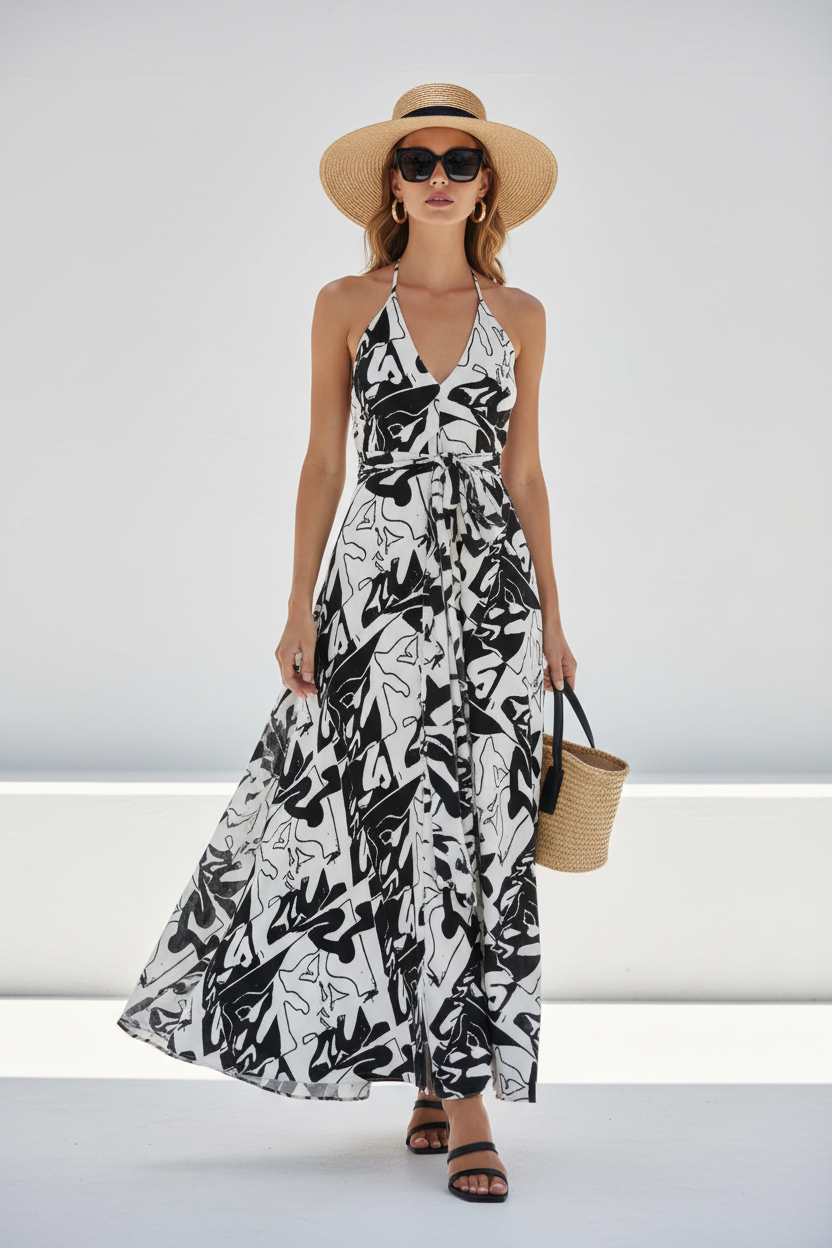 Halterneck backless dress- Monochrome Graffiti Art Maxi
