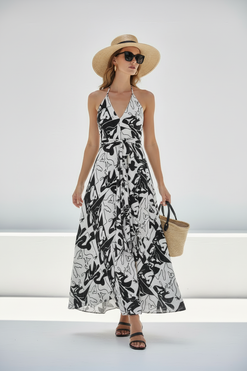 Halterneck backless dress- Monochrome Graffiti Art Maxi