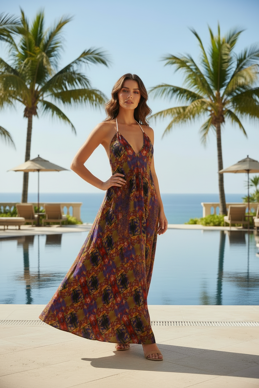 Geometric Print Halterneck Maxi Dress