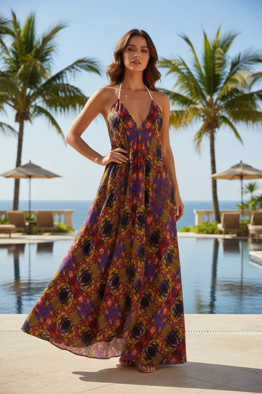 Geometric Print Halterneck Maxi Dress
