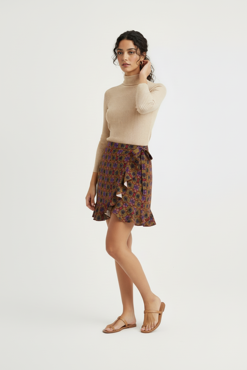 Boho-Chic Floral Ruffle Wrap Mini Skirt in Earthy Tones-Flounce Skirt