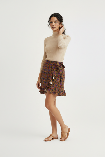 Boho-Chic Floral Ruffle Wrap Mini Skirt in Earthy Tones-Flounce Skirt