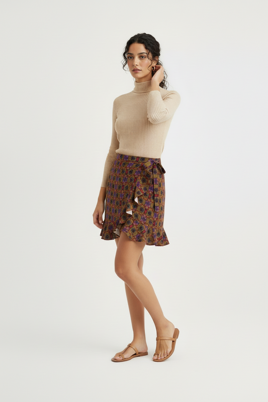 Boho-Chic Floral Ruffle Wrap Mini Skirt in Earthy Tones-Flounce Skirt