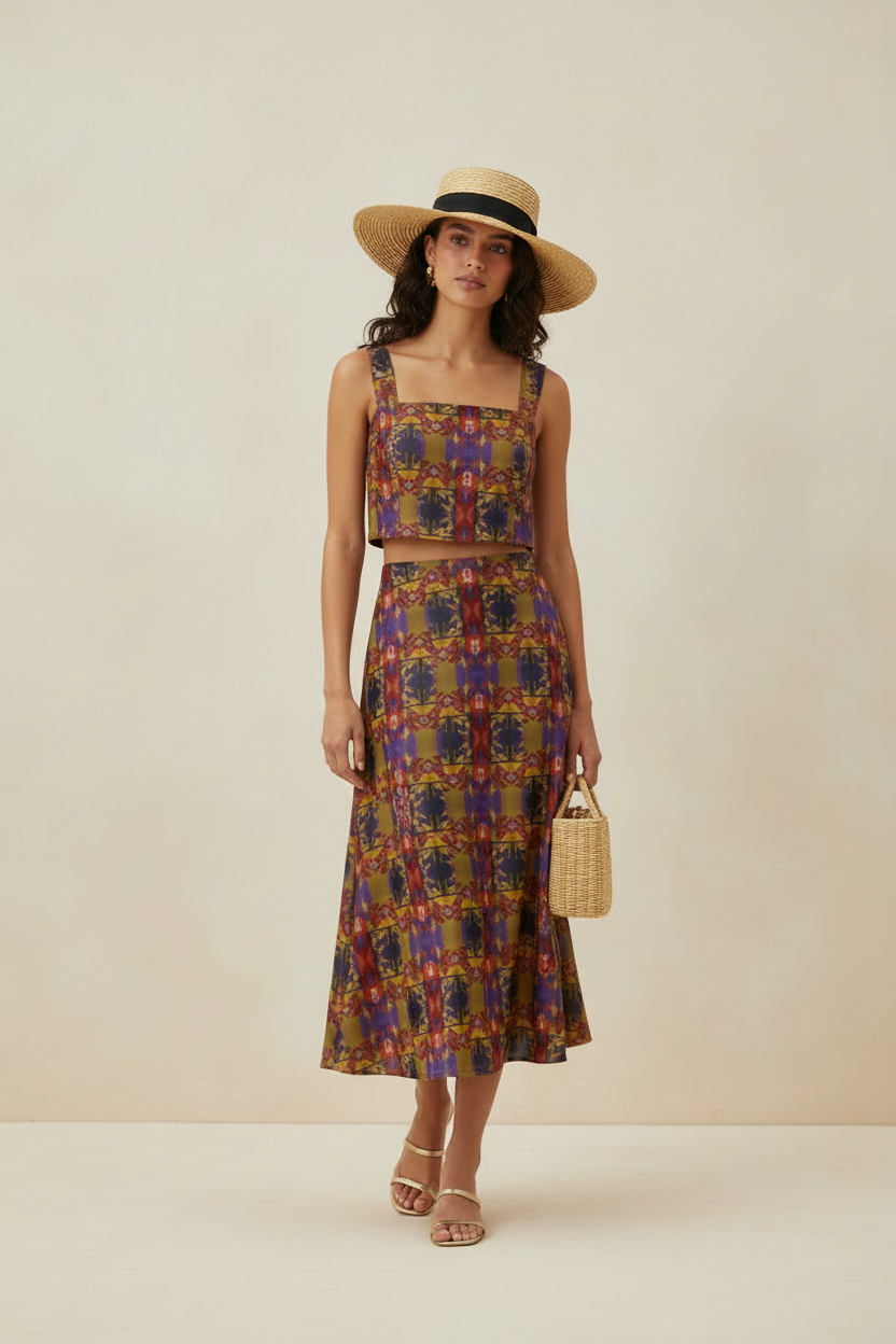 vibrant Geometric A-Line Midi Skirt