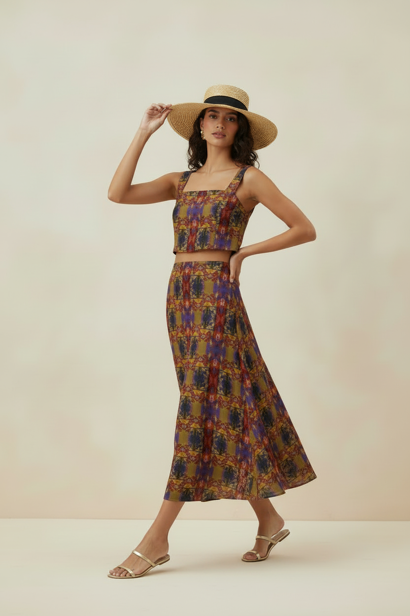 vibrant Geometric A-Line Midi Skirt
