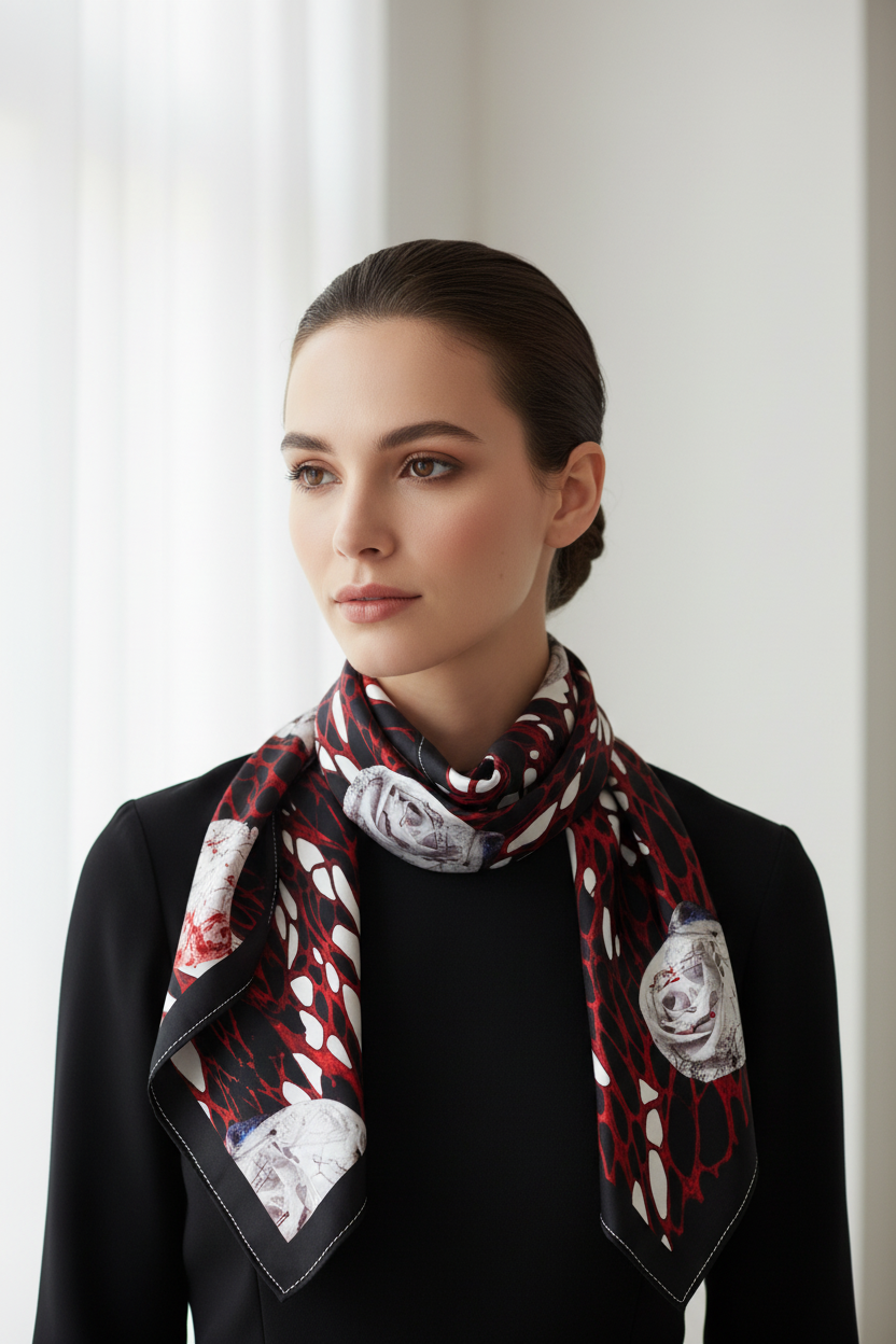 Elegant Burgundy Floral Silk Scarf – Lightweight Luxury Neck Scarf for Women