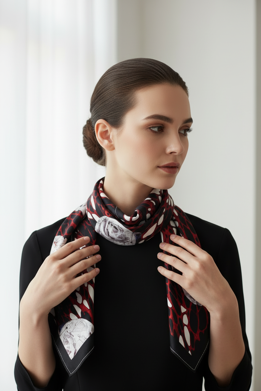 Elegant Burgundy Floral Silk Scarf – Lightweight Luxury Neck Scarf for Women
