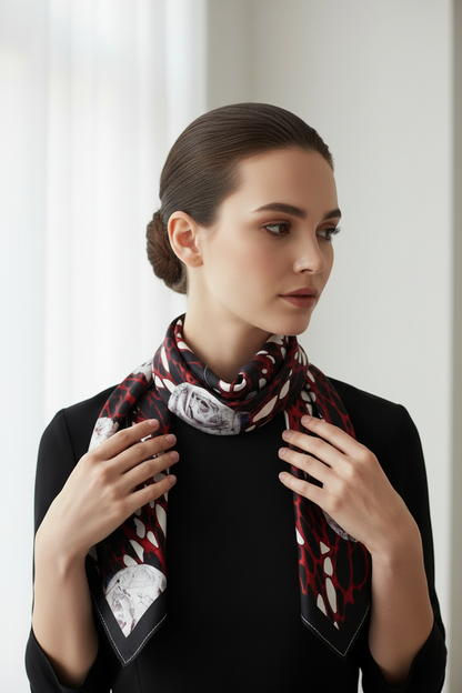 Elegant Burgundy Floral Silk Scarf – Lightweight Luxury Neck Scarf for Women