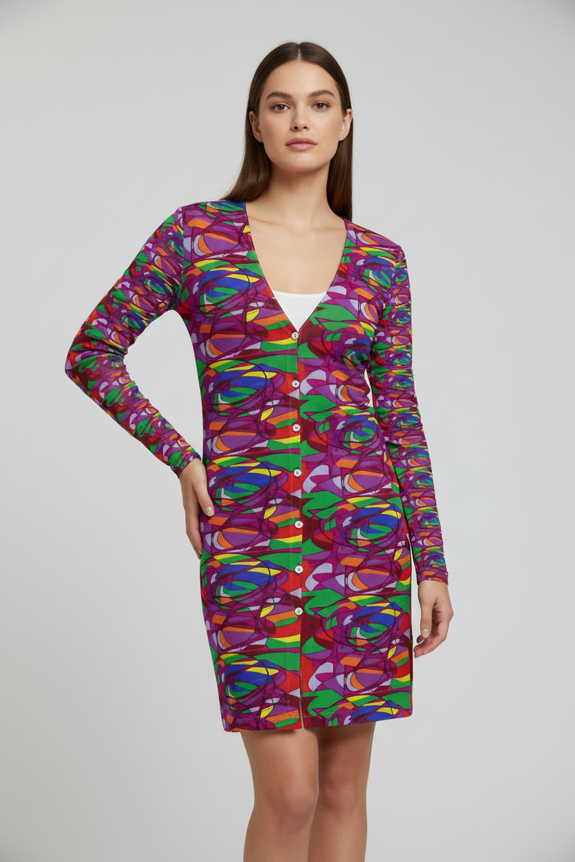 Kaleidoscope Abstract Long V-Neck Cardigan
