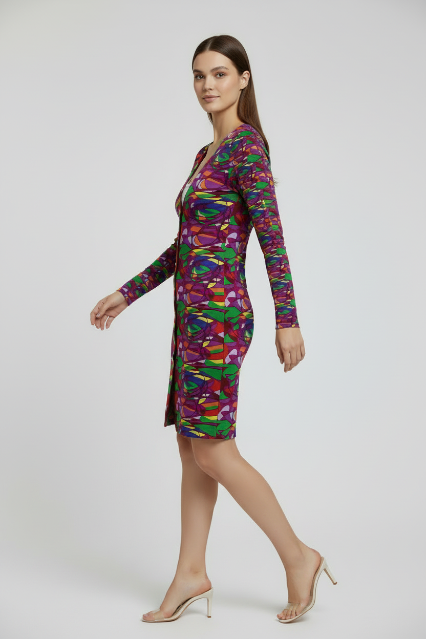 Kaleidoscope Abstract Long V-Neck Cardigan