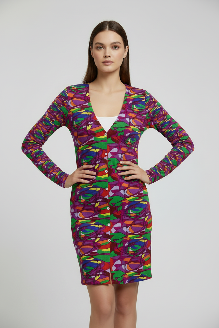 Kaleidoscope Abstract Long V-Neck Cardigan